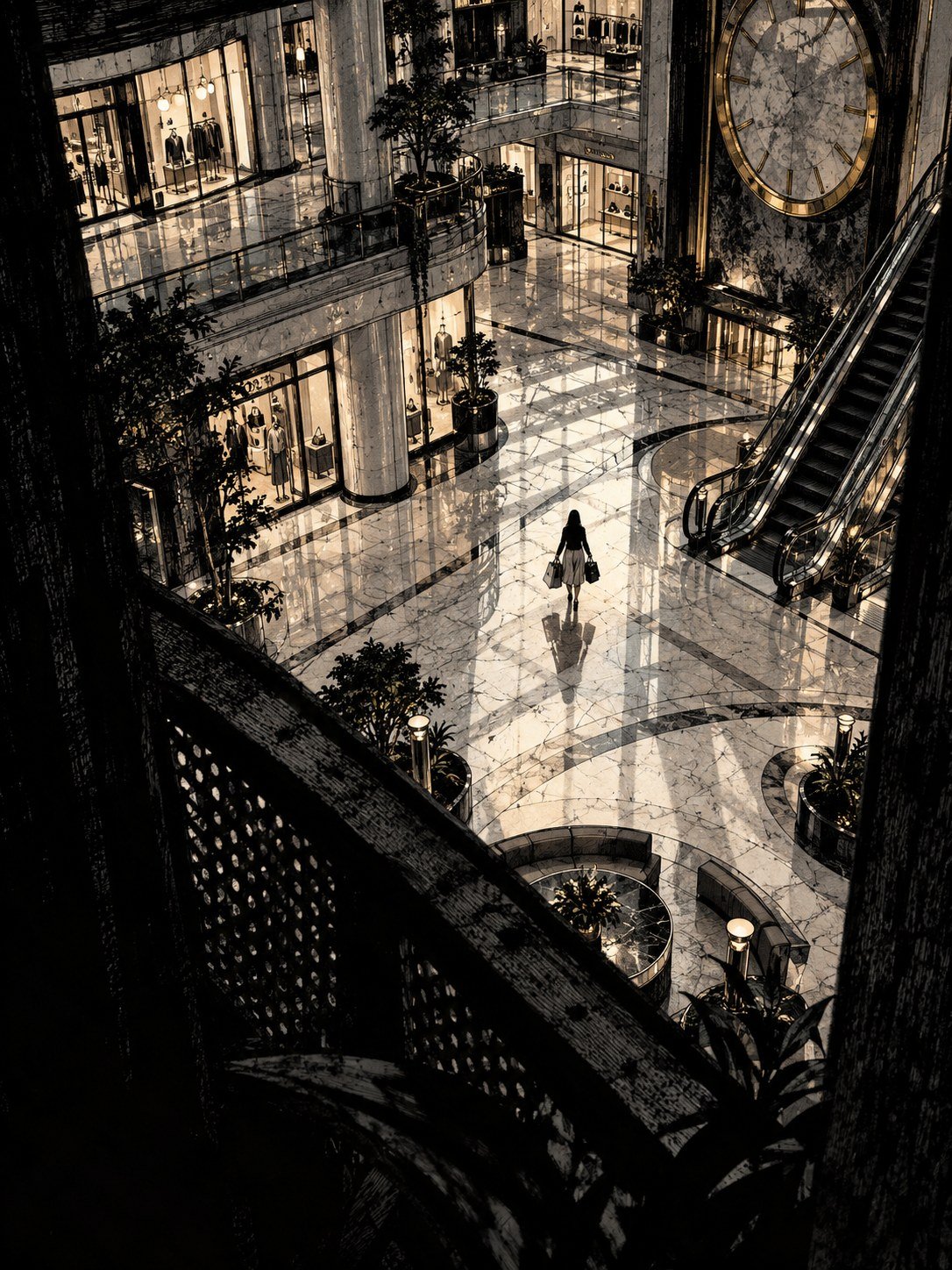 A woman seen from far above crossing a marble shopping mall atrium beside a giant clock