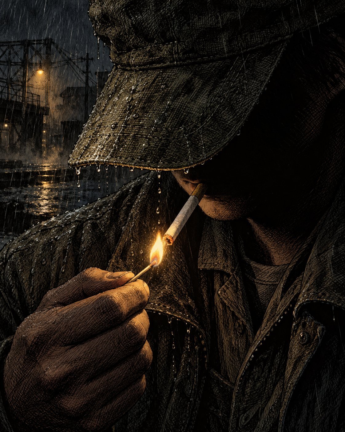 A man in a cloth cap lights a cigarette with a match in the rain, his face hidden in shadow