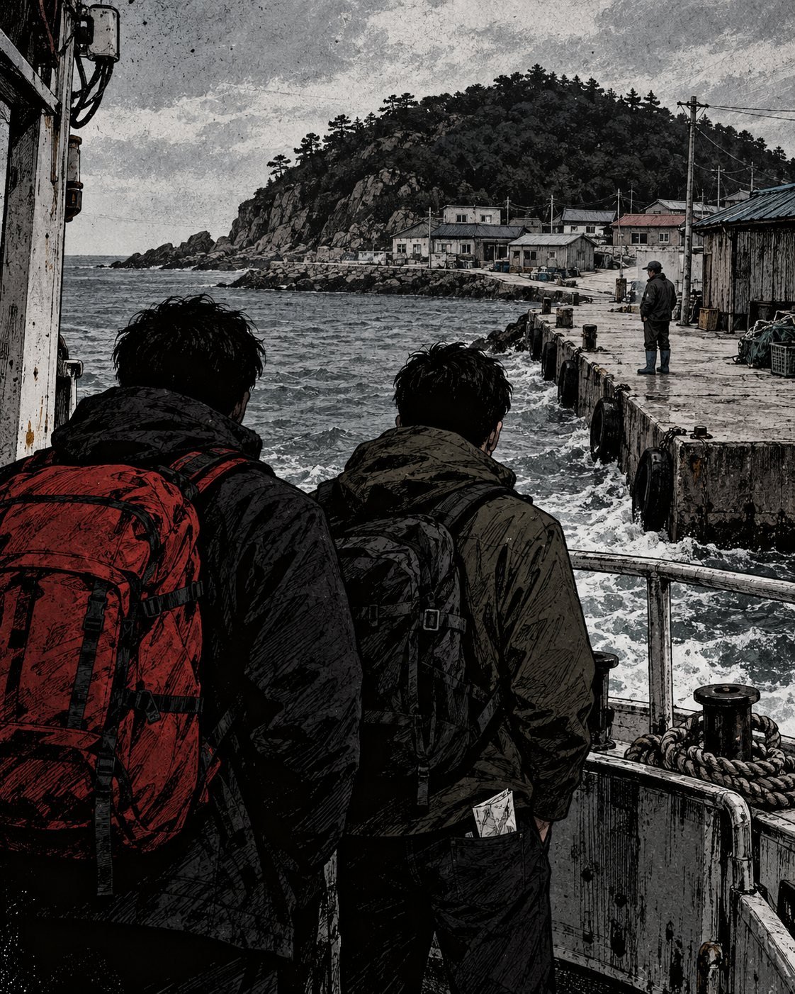 Two men with backpacks on a ferry approach a small island pier where a local man watches