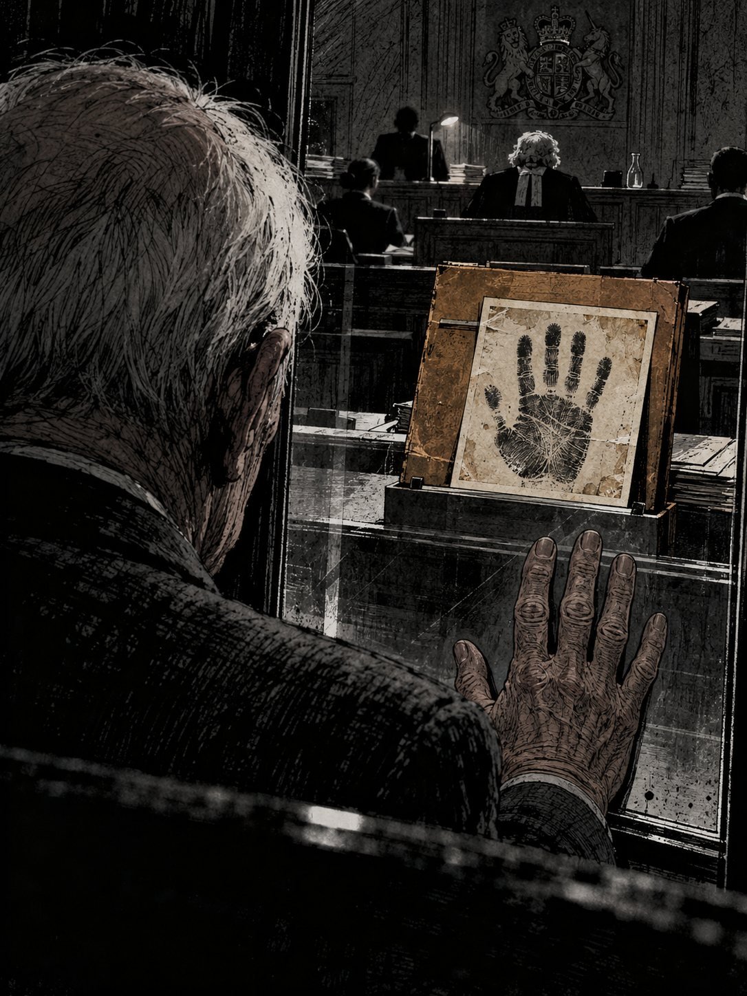 Bristol Crown Court, 2025. The thin white hair and frail shoulder of a 92-year-old man fill the foreground, seen from behind through the glass of the dock
