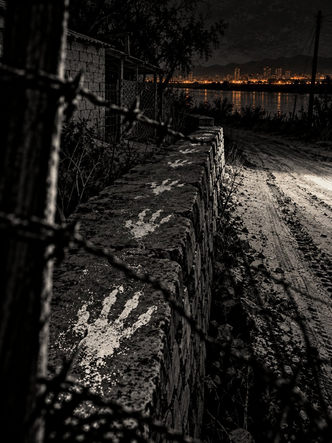 Across the black river, the orange city lights of El Paso glow on the horizon. In the foreground, on the Mexican side, an empty dirt farm road and a stone wall lit by one flash of