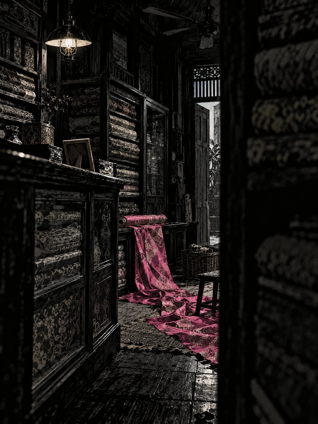 A dark Bangkok silk shop after closing, a bolt of pink silk unrolled across the floor