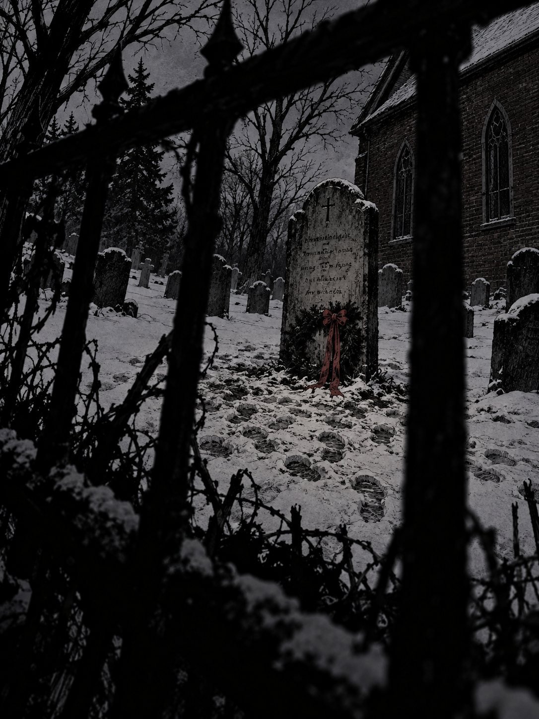 A gravestone with a red ribbon in a snowy churchyard, the snow around it trampled with footprints
