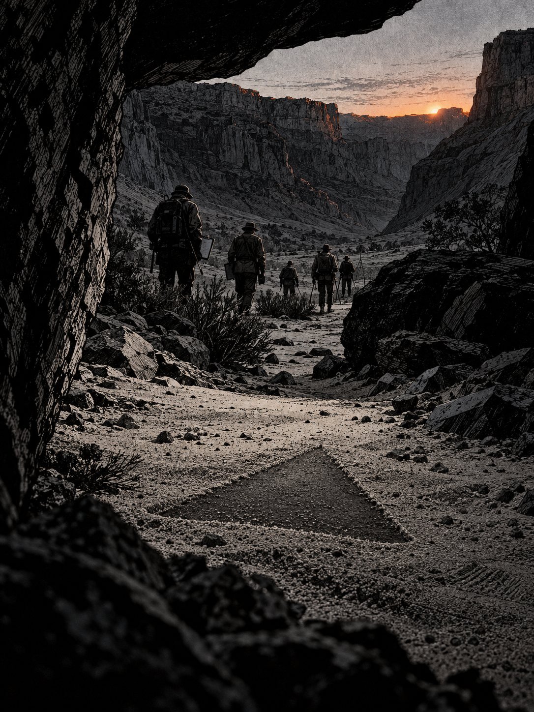 Dawn in an empty desert canyon: untouched sand, dry brush, rocks. A survey team, tiny dark figures seen from behind, walks the canyon floor with clipboards