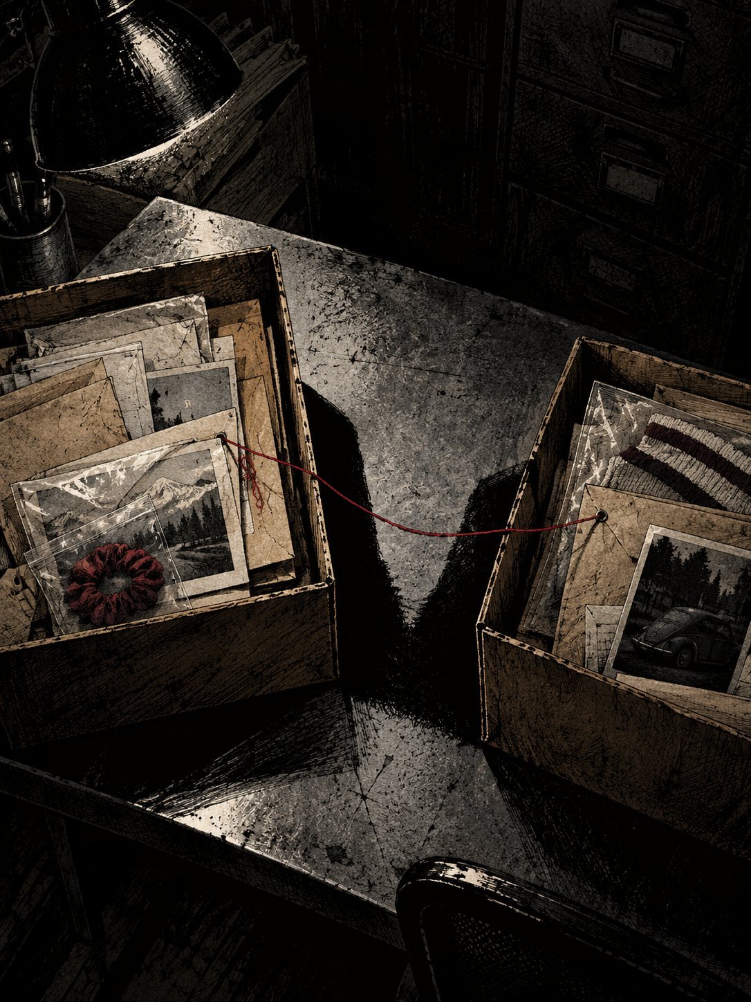 Two old cardboard evidence boxes on a steel table connected by a single red thread