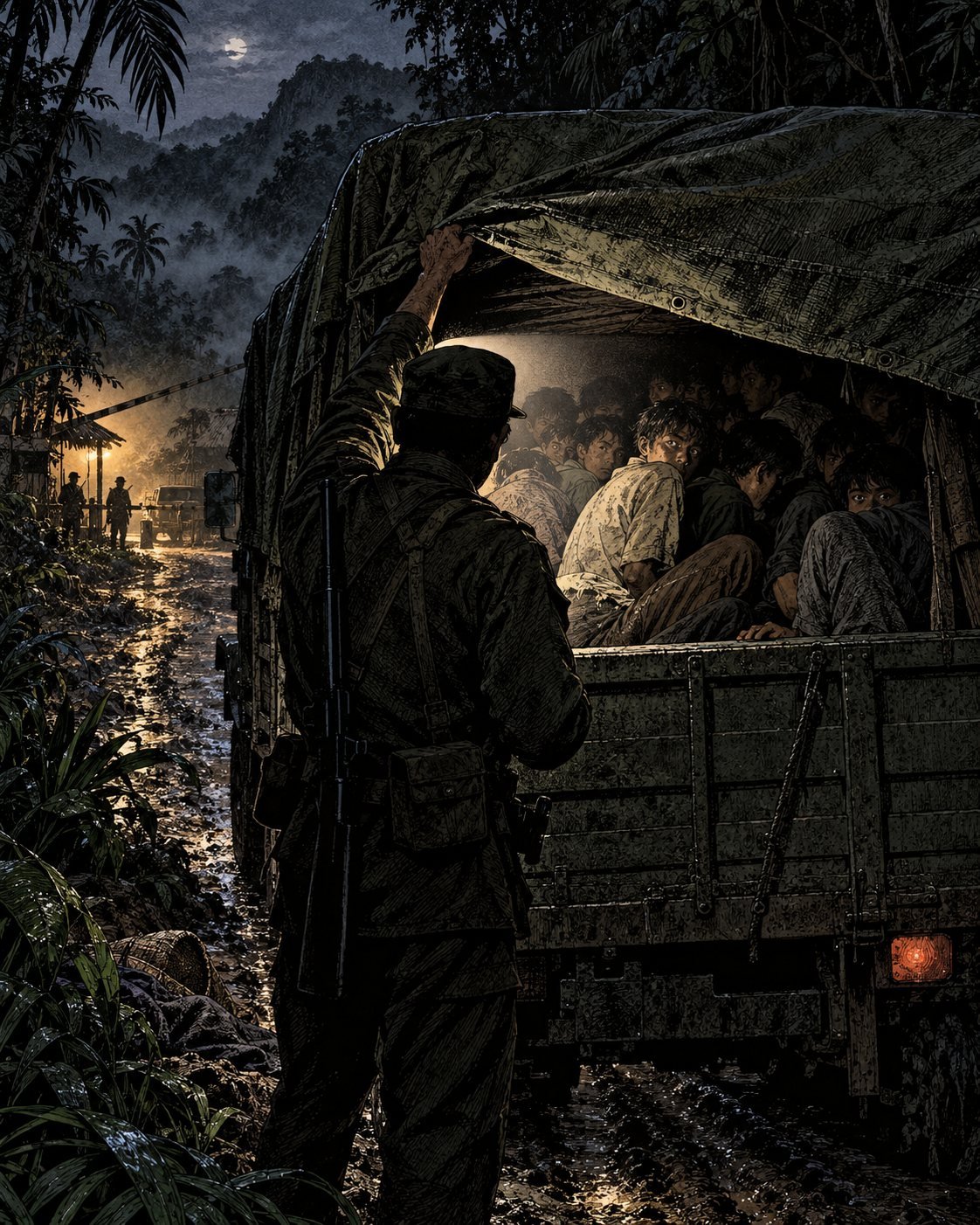 A guard lifts the tarp of a truck at night to reveal frightened young men packed inside