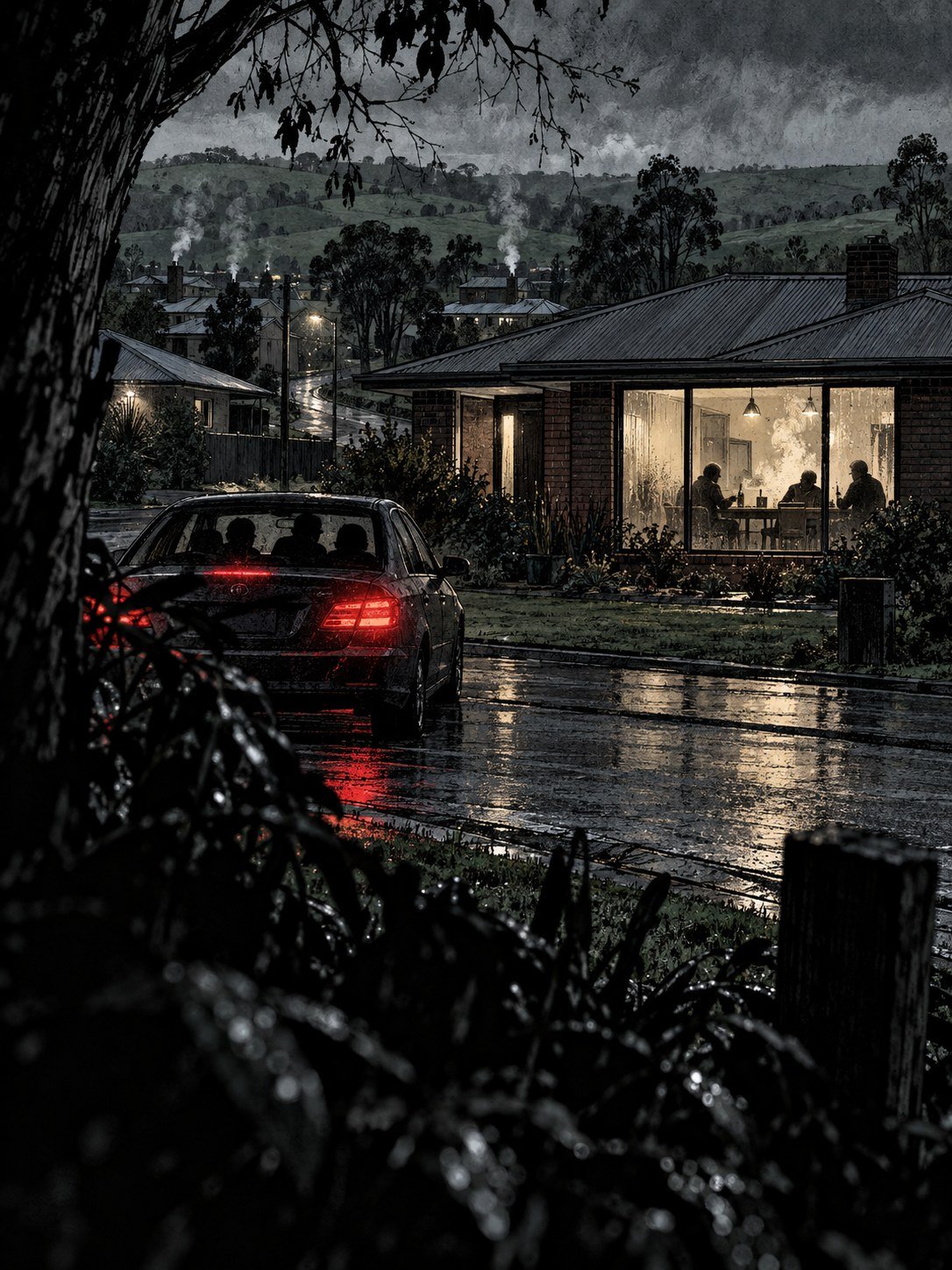 A sedan with four silhouettes parked outside a brick house on a rainy street in a country town at dusk