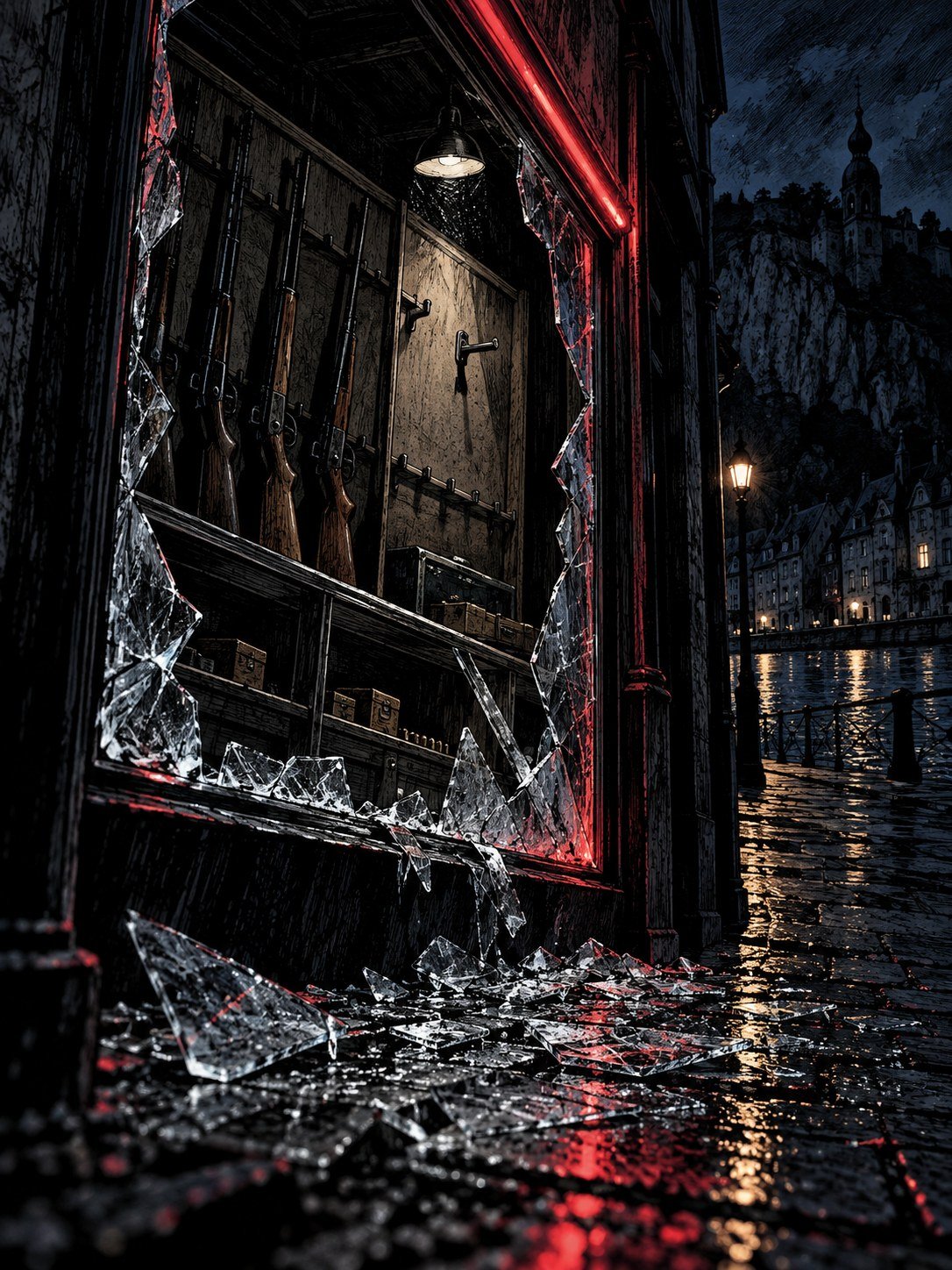 A gun shop window smashed outward onto a wet street at night
