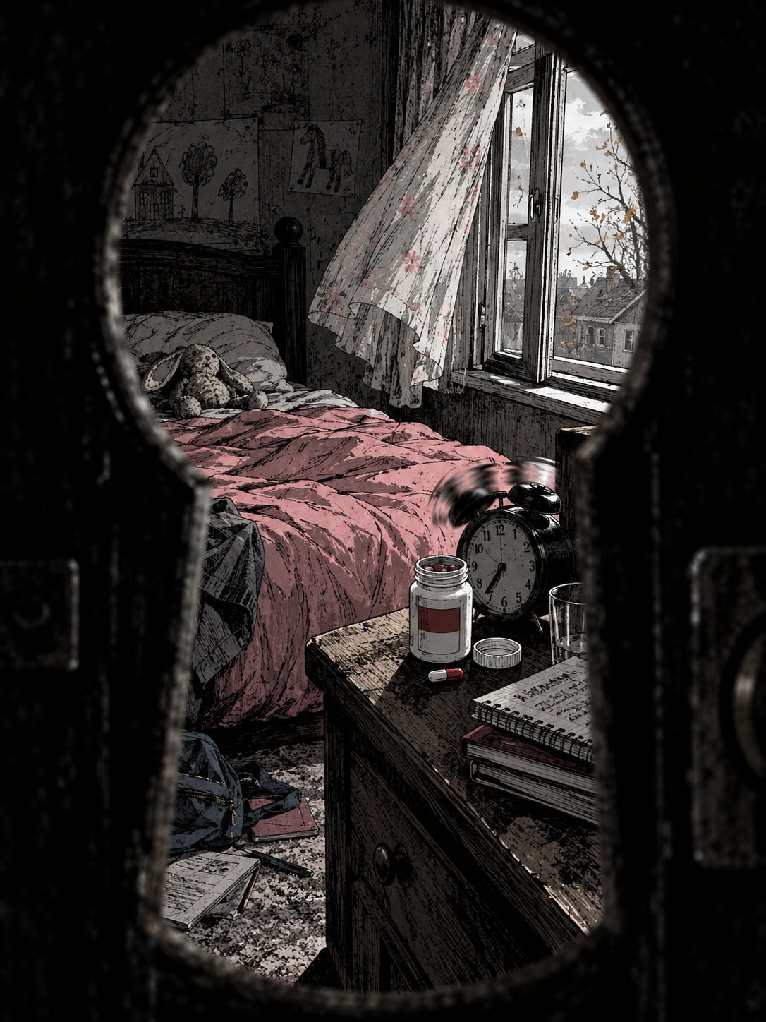 Through the keyhole: a child's bedroom in morning light, empty. An unmade bed, school books, and on the nightstand a small white pill bottle with a plain label and no readable bran