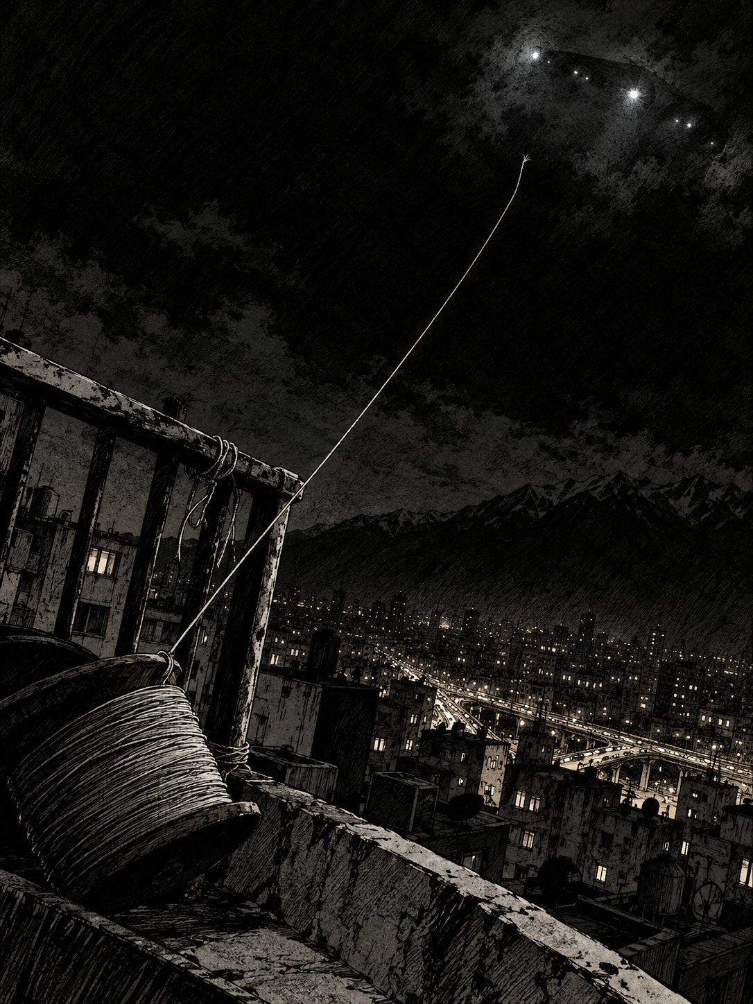 A Tehran rooftop at night: a spool of kite string tied to a railing, the taut line rising into black sky