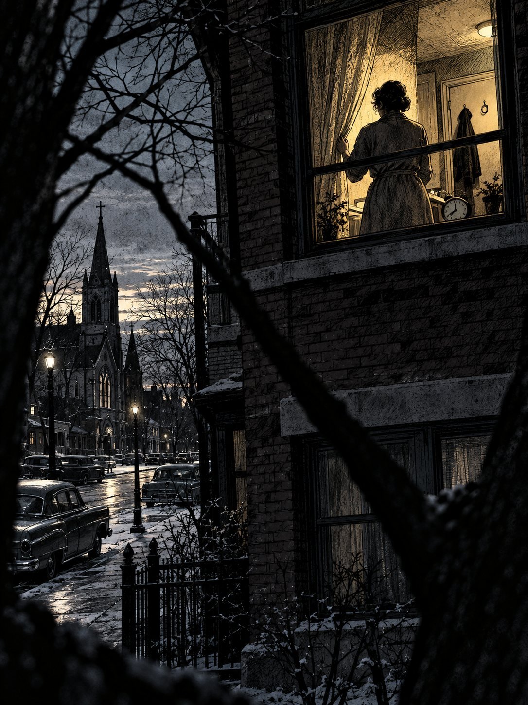 A brick Chicago two-flat at dawn. In the lit second-floor window, a woman in a housecoat is seen from behind, one hand on the curtain, looking down the empty street toward the chur