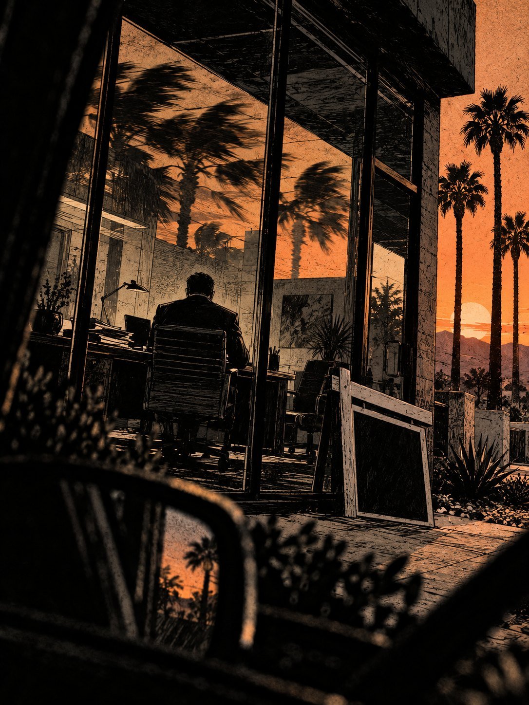 2023, Scottsdale: a glass-fronted real-estate office at golden hour, palm trees reflected in the windows, a man in a suit seen from behind at a desk inside, a 'for sale' sign shape