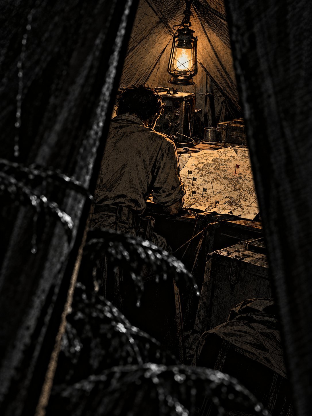 A man in wartime khaki bends over a field radio and a map with flags in a lantern-lit tent