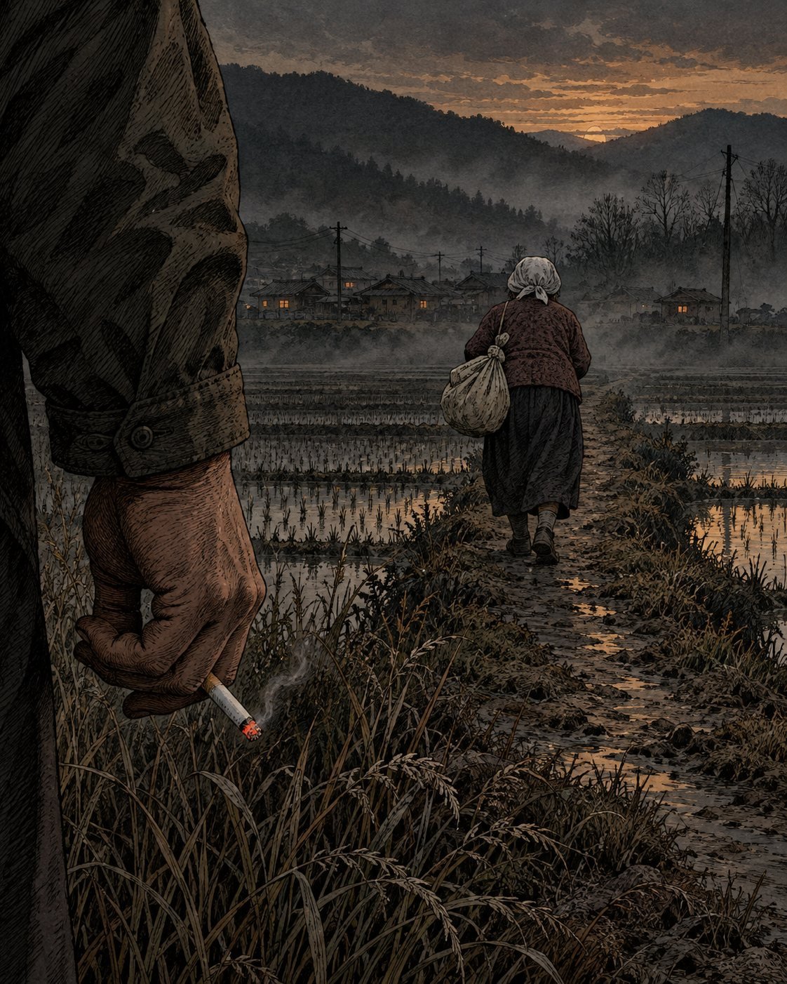 An elderly woman walks home along a misty rice paddy path at dusk while a man's hand holding a cigarette is visible in the foreground
