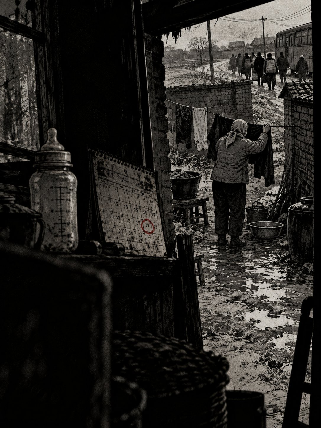 A woman hangs laundry in a muddy village yard as workers walk toward a bus, a baby bottle and calendar on the windowsill