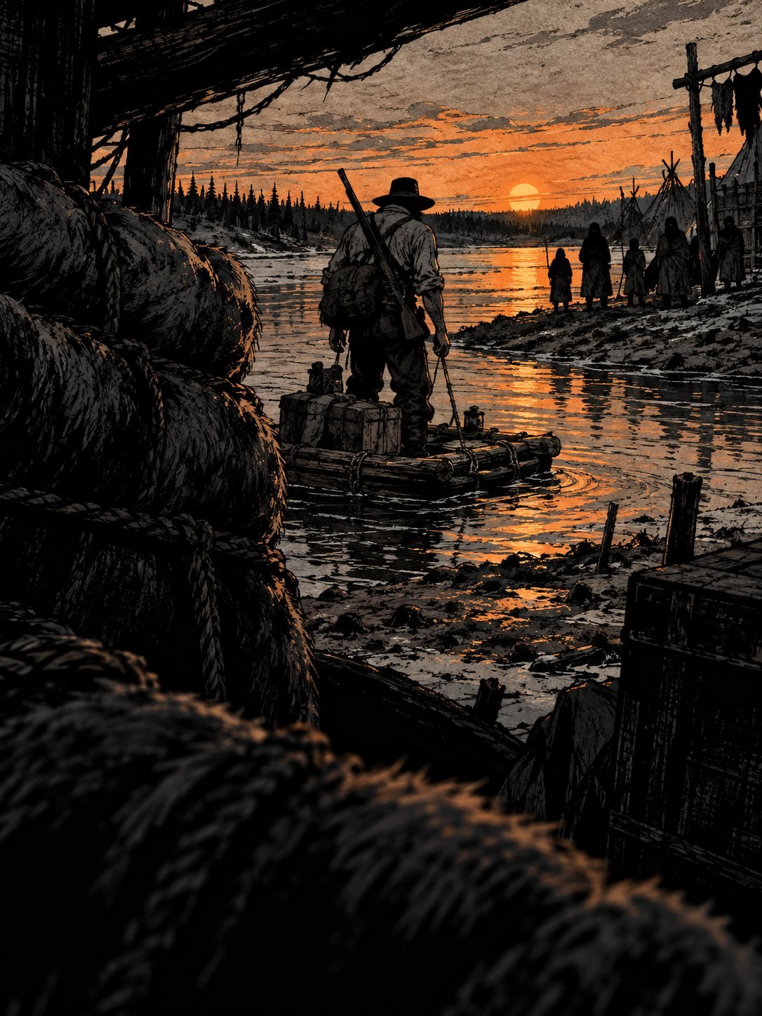 A stranger with a rifle stands on a small raft at a riverbank trading post under an orange midnight sun