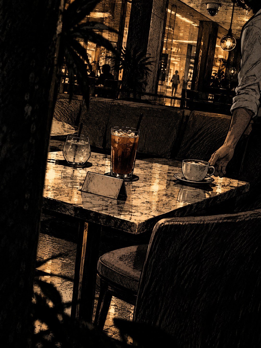 A reserved table with three drinks just served, a waiter's hand setting down a cup