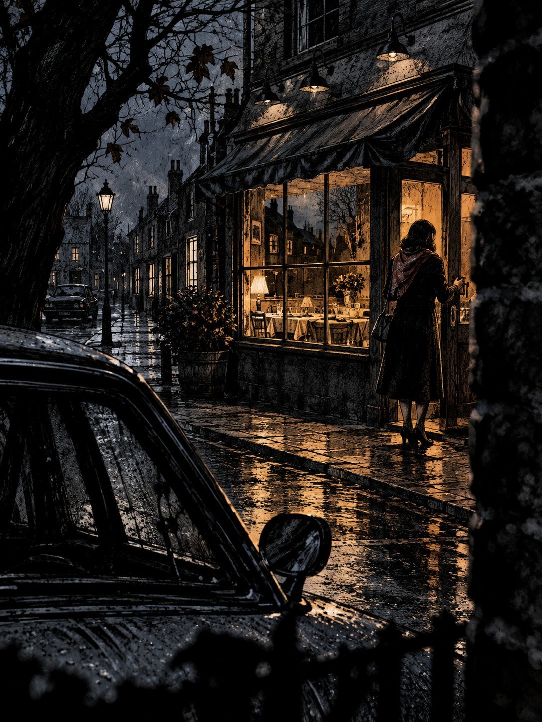 1976, Cranleigh, Surrey: a small restaurant on a quiet High Street at dusk, warm windows, a woman seen from behind locking the door, a scarf over her shoulders