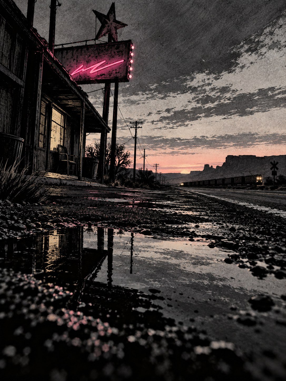 Dawn on old Route 66 outside Seligman: an empty two-lane road, a faded motel sign, juniper and red rock, a freight train far off