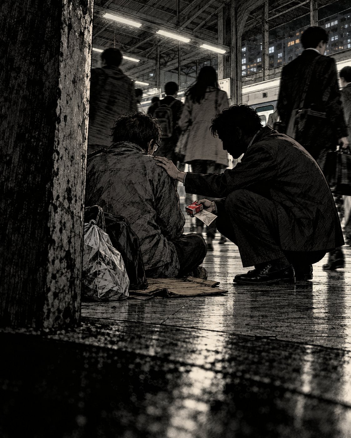 A man crouches beside a homeless man at a Seoul train station and offers him cigarettes and a slip of paper