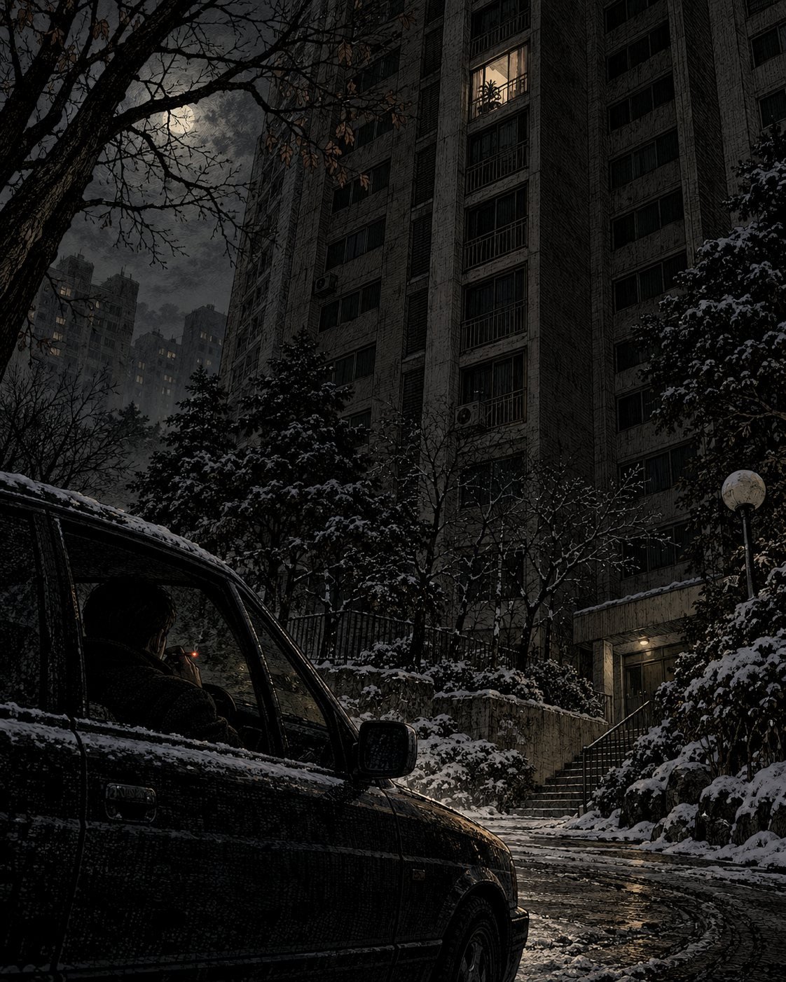A detective smokes inside an unmarked car parked in the snow below a high-rise apartment with one lit window