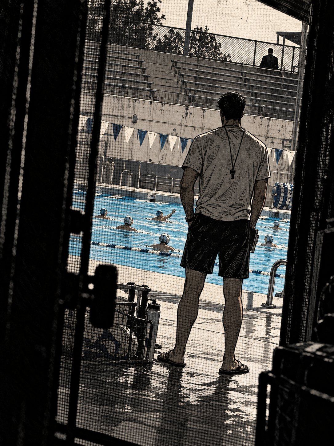 A tall water polo coach seen from behind at a pool deck while a man in a suit watches him from the empty stands