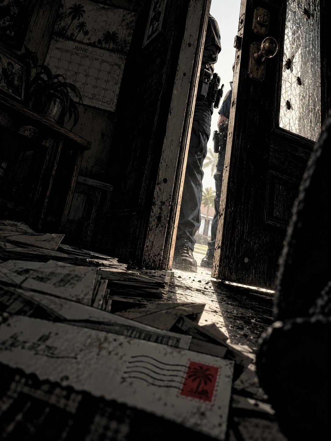 Through a door opening a crack, two police officers stand outside a dark house full of unopened mail