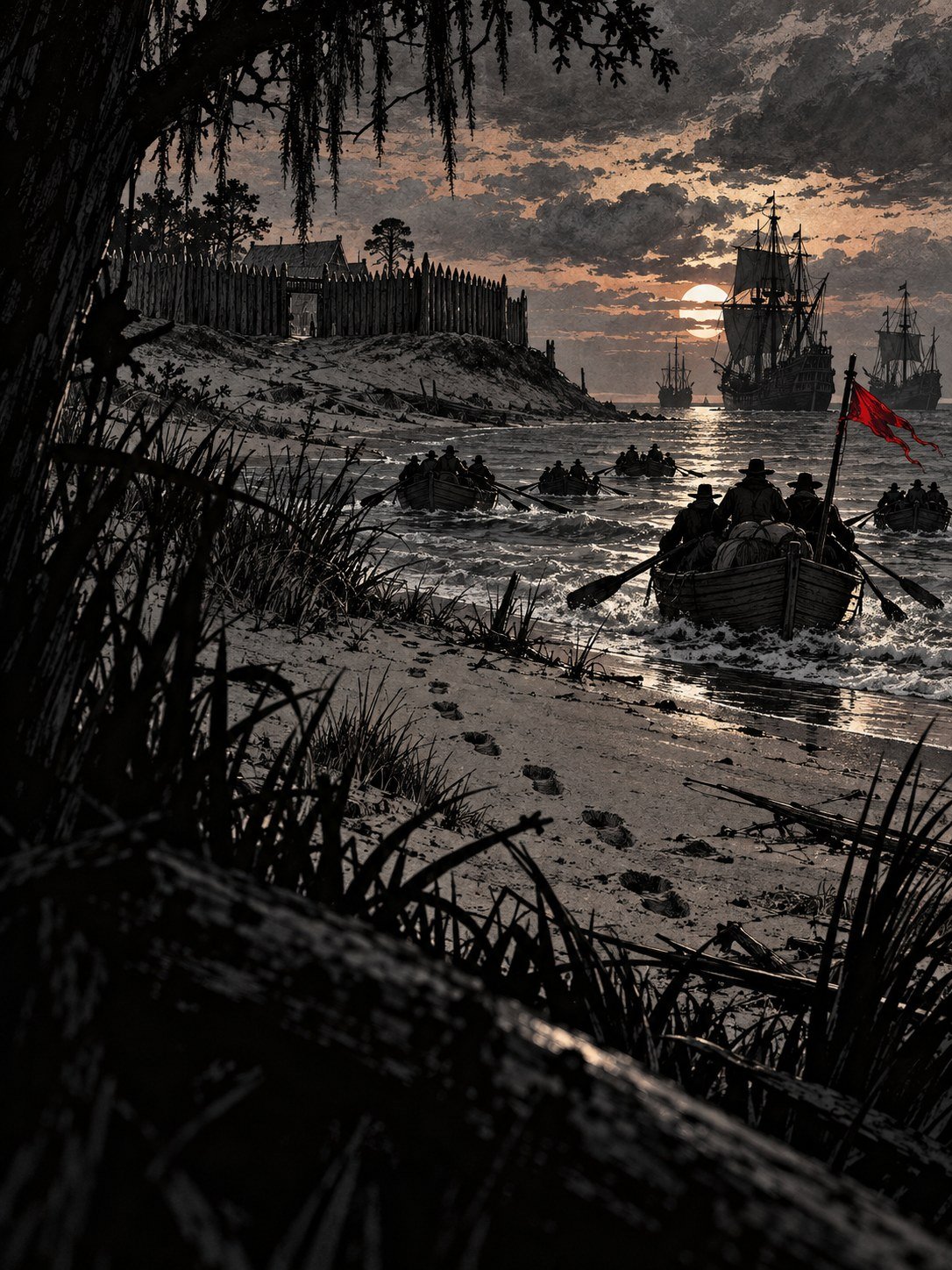 Rowing boats carrying men away from a sandy shore toward big ships at sunset, an empty fort behind