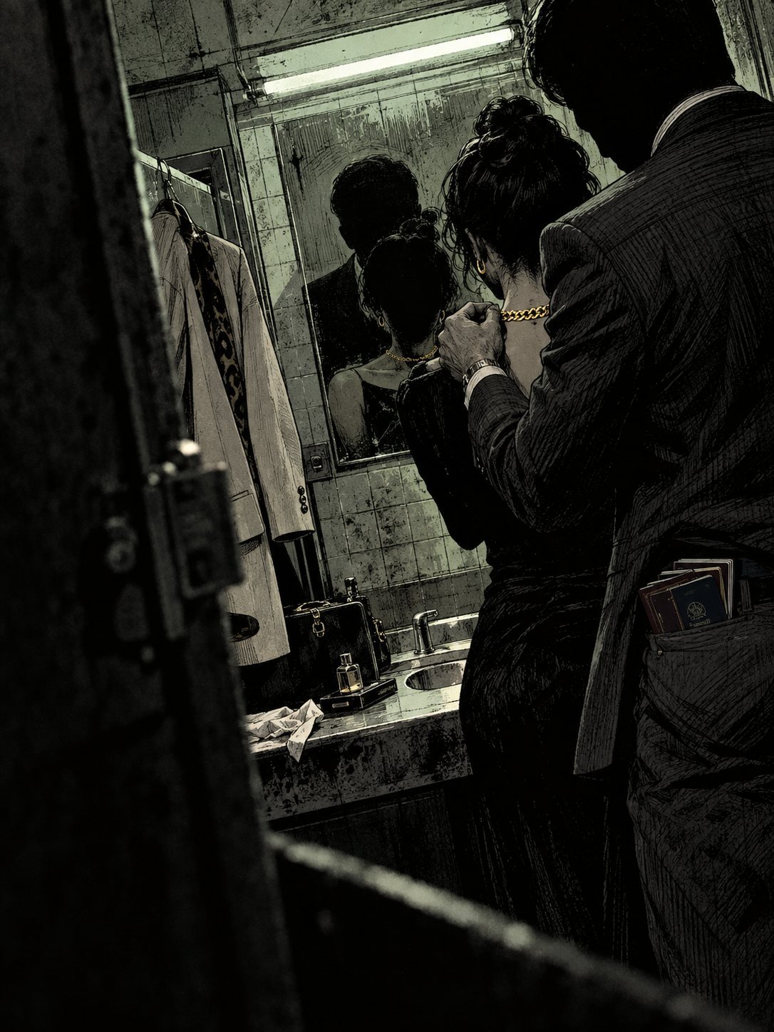 In an airport restroom mirror, a man fastens a gold necklace on a young woman, passports in his pocket