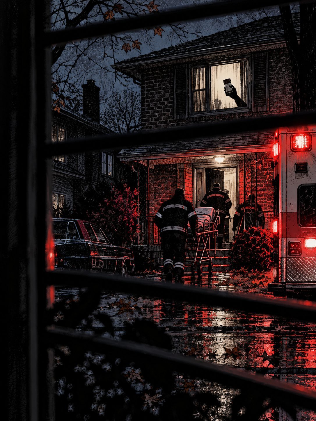 A suburban brick house at dusk, ambulance lights flashing red across its front. Paramedics, seen from behind, rush an empty stretcher up the steps