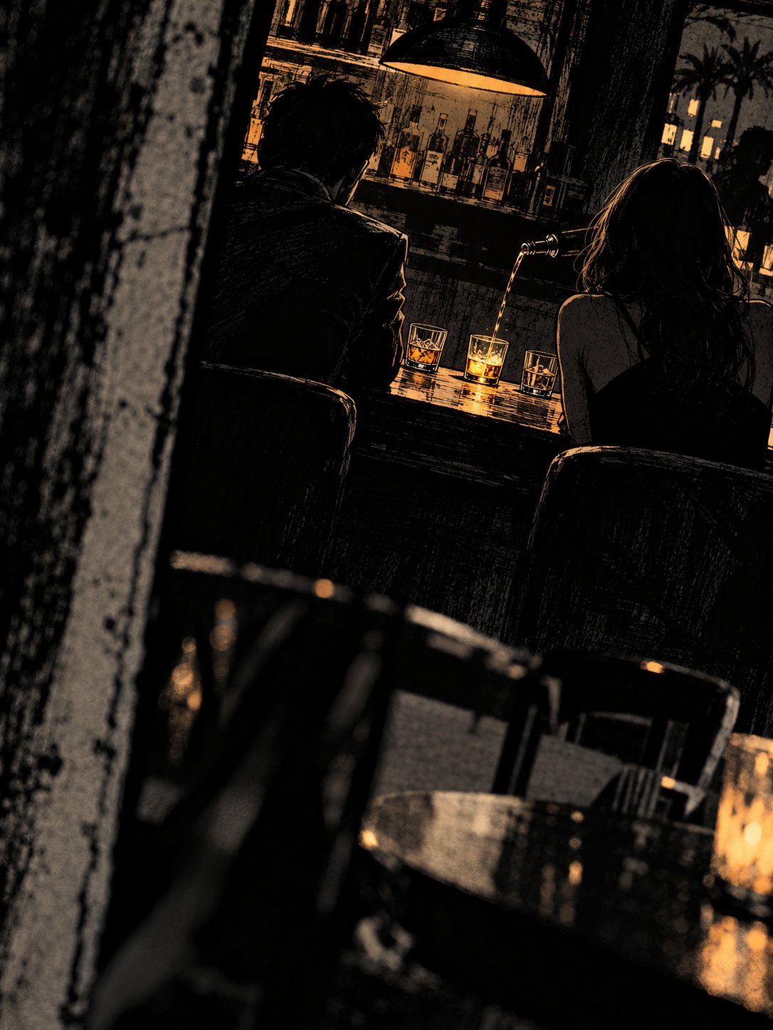A dim Scottsdale bar-restaurant at night: two adults seen only from behind sit side by side at the bar, two glasses