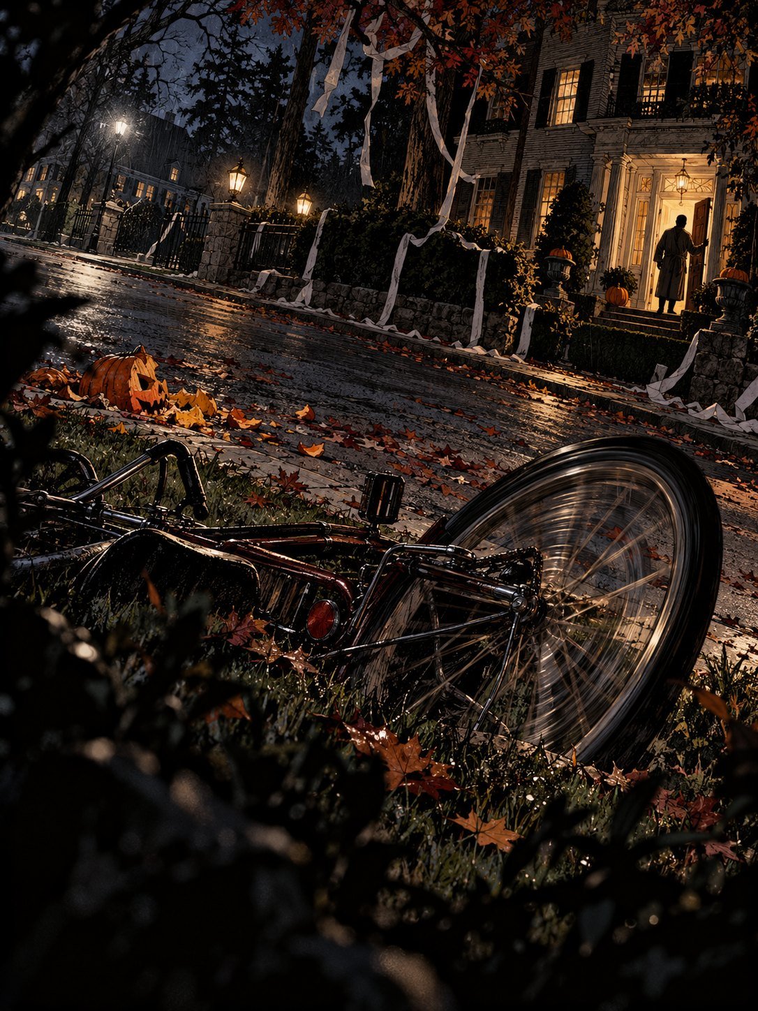 Mischief Night 1975: a dark street of mansions, toilet-paper streamers strung across trees and hedges, a smashed pumpkin on the sidewalk, a bicycle lying on its side in the grass. 