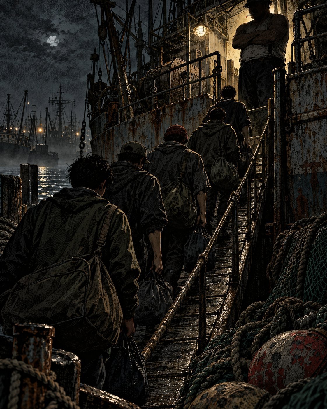Young men carrying bags walk up a gangplank onto a rusted trawler at night as a captain watches from the deck