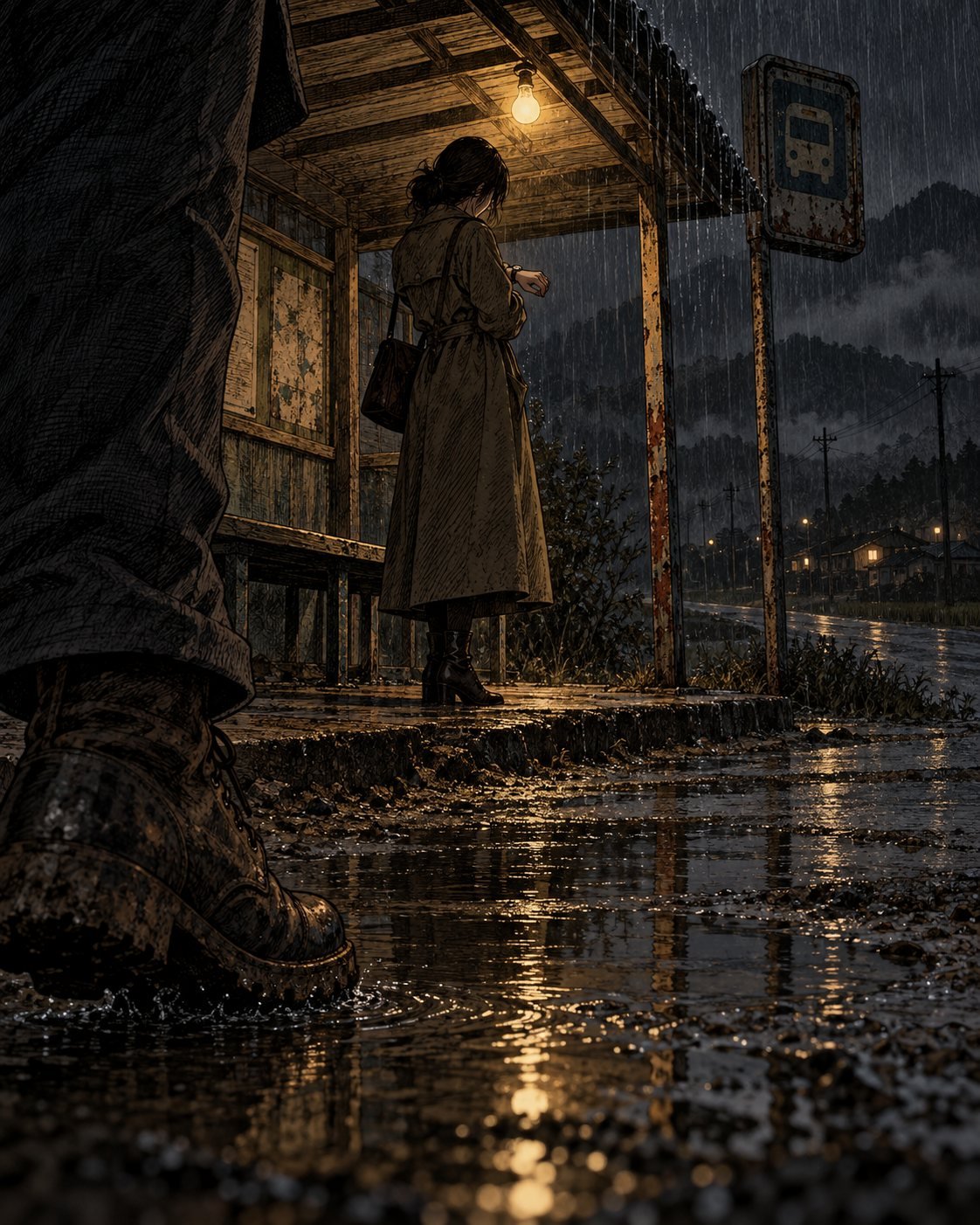 A young woman waits at a rural bus stop at night in the rain as a man's muddy boot steps into a puddle nearby