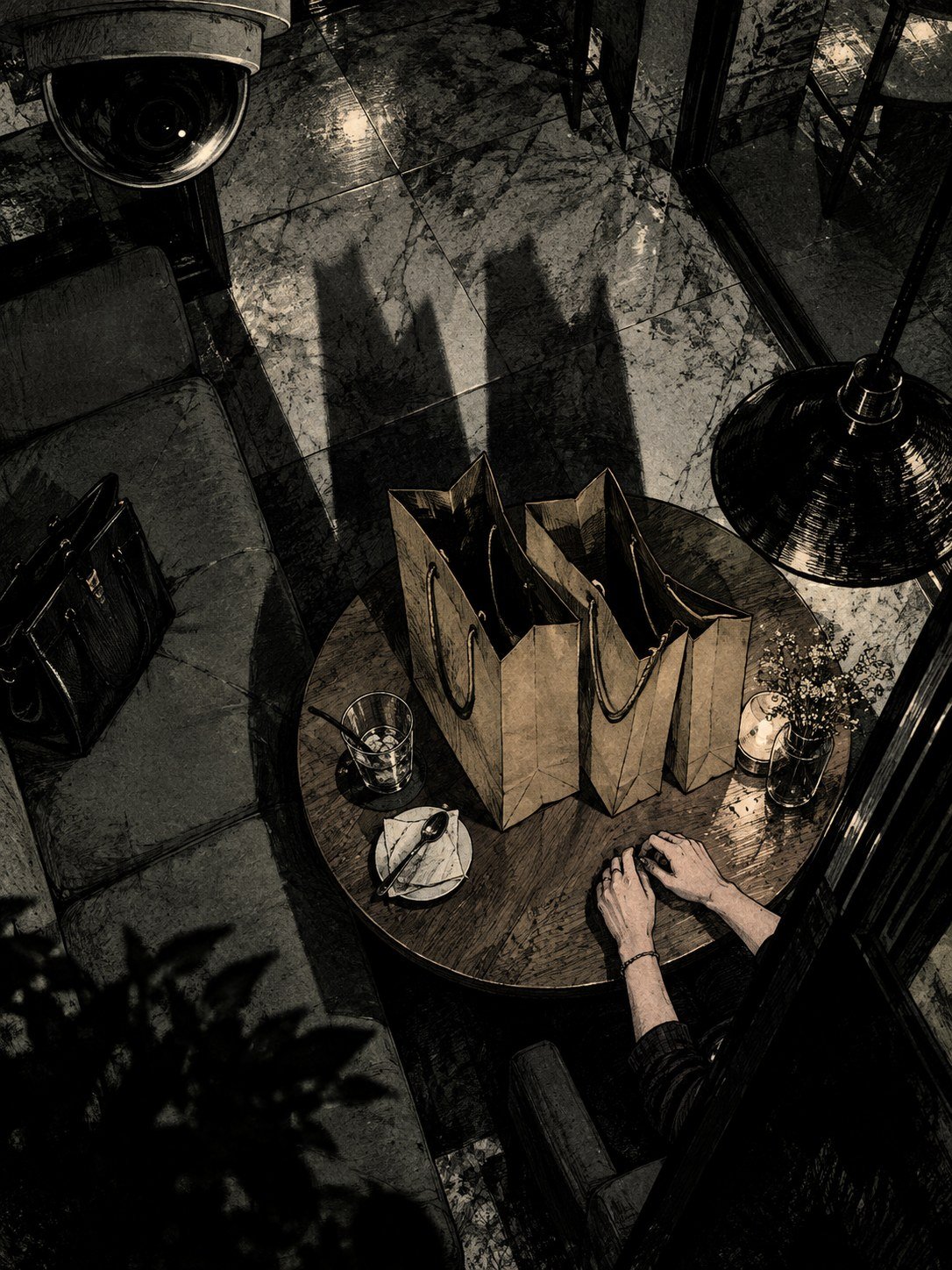 A cafe table seen from a ceiling camera, paper bags hiding the drinks, a woman's hands