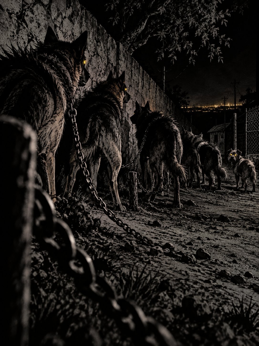 A row of farm dogs on chains along a dirt lane, every one of them standing rigid, hackles up, all facing the same stone wall in the dark