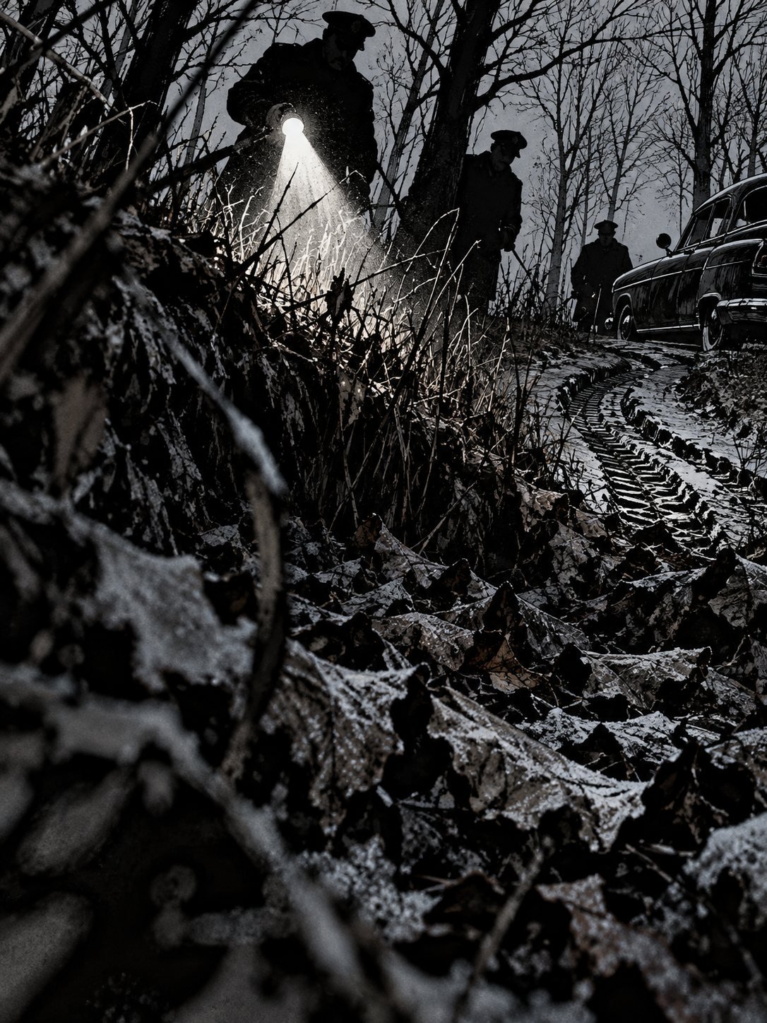 A bare forest preserve southwest of Chicago, November 1960, late morning. From inside a shallow ditch full of frozen leaves, the camera looks up at the silhouettes of police office