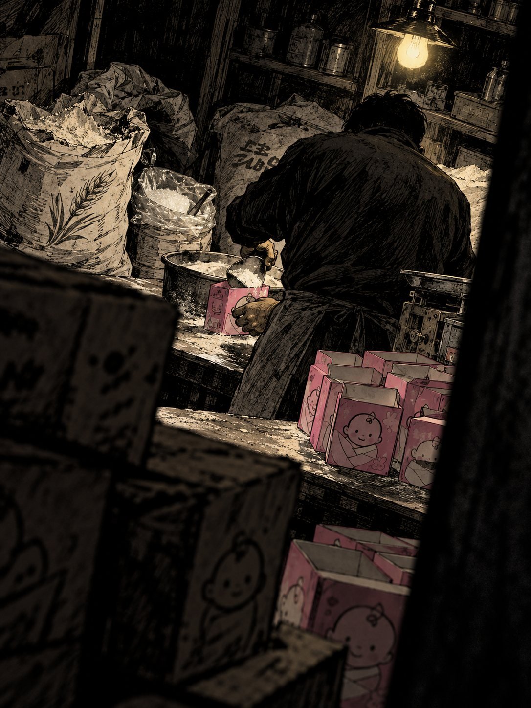 A man scoops white powder from flour sacks into pink baby formula boxes in a dim workshop