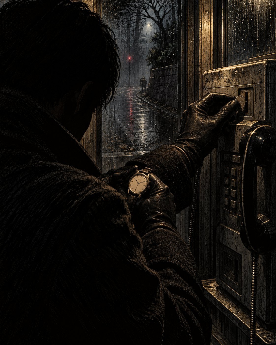 A gloved hand feeds a coin into a public phone while checking a wristwatch