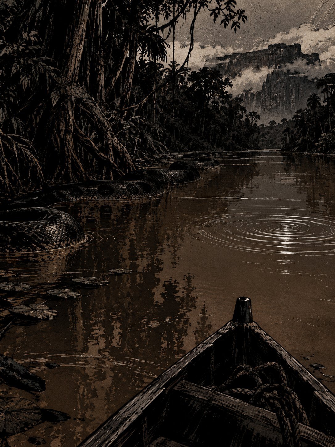 The coils of a huge serpent shape in a still brown jungle river, a small boat's bow in the foreground