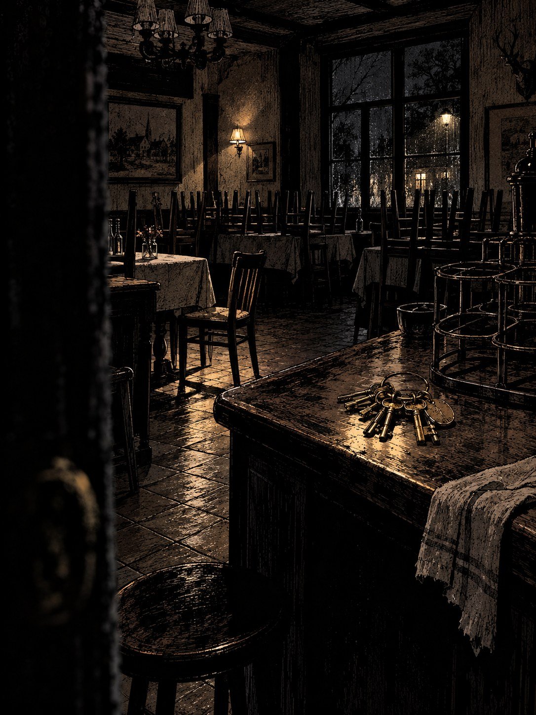 An empty country inn at night with a ring of keys on the bar