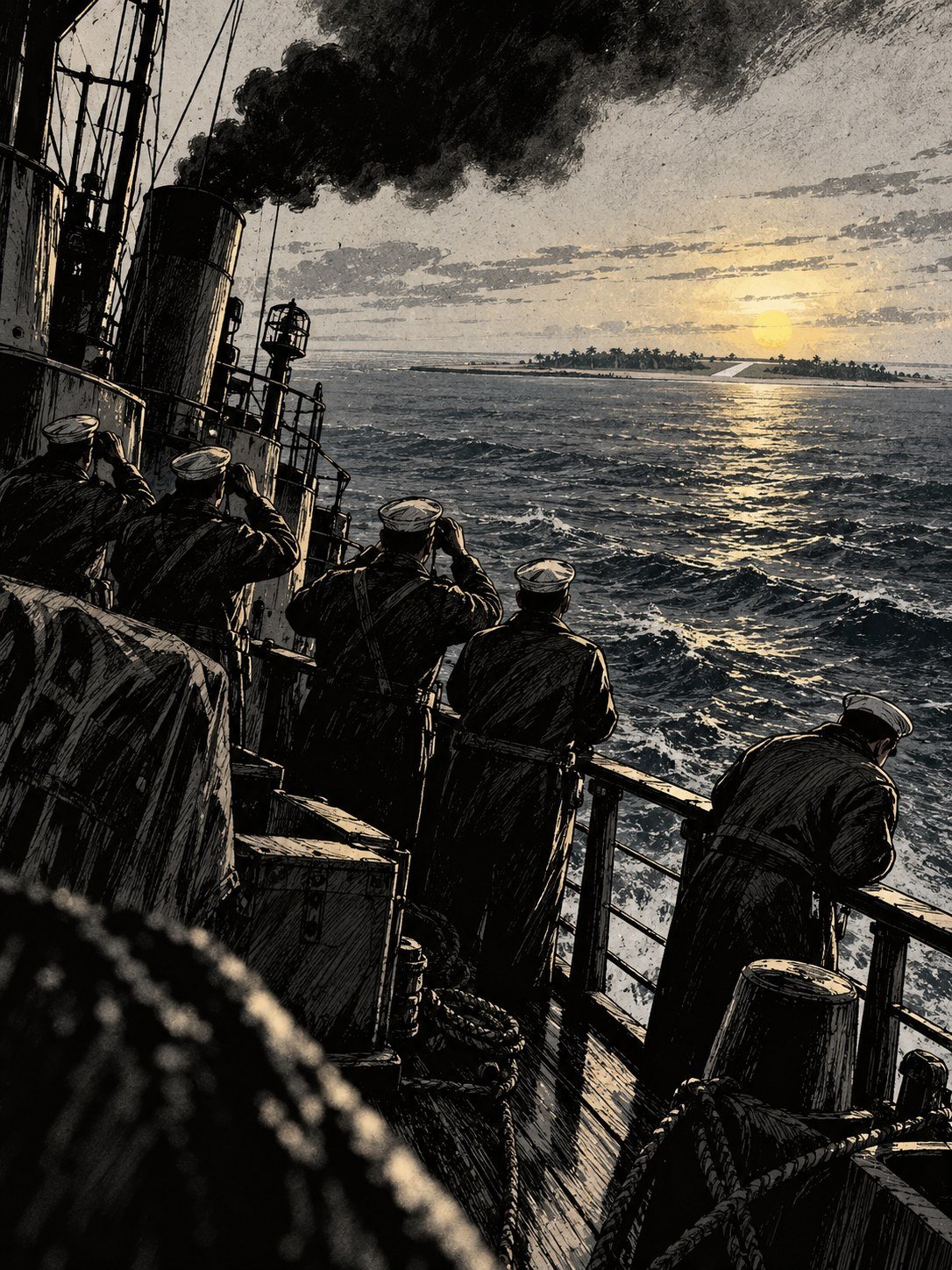 A Coast Guard cutter at sea at dawn, black smoke pouring from its funnel to make a signal. Far off, a tiny flat island with a strip of sand barely above the waves