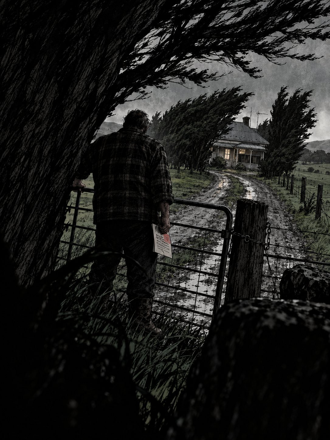 Grey afternoon. From inside the rented farmhouse kitchen, through the window over the sink: at the far gate, a heavy-set man in a flannel shirt stands perfectly still, facing the h
