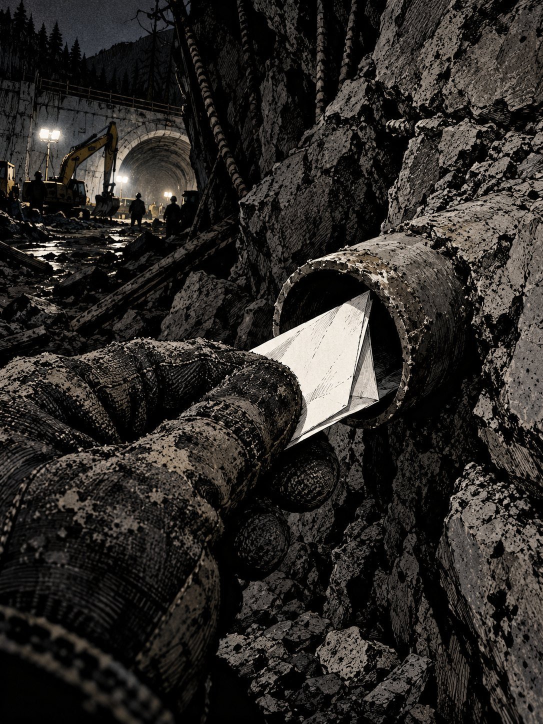 A gloved hand pulling a folded paper note from a thin pipe sticking out of rubble