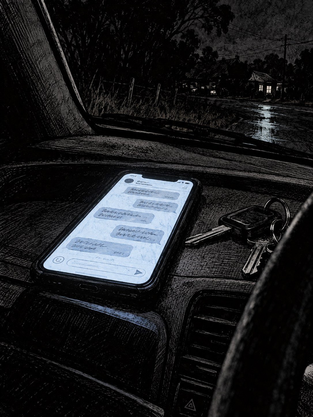 A phone glowing on a car dashboard at night with a text message thread, house keys beside it