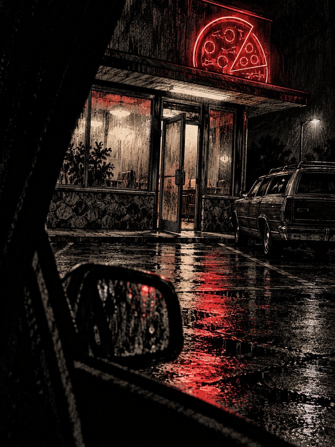 A small pizza restaurant at night in the rain, its neon sign glowing and the glass door left open