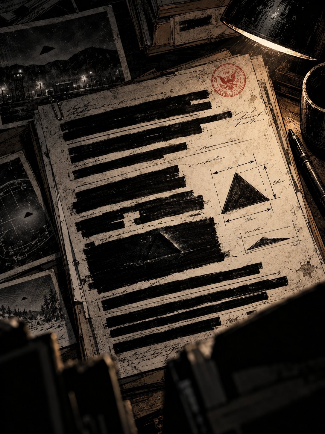 A government report on a desk under a lamp, most lines blacked out with thick redaction bars, a hand-drawn sketch of a flat triangle with measurement arrows in the margin