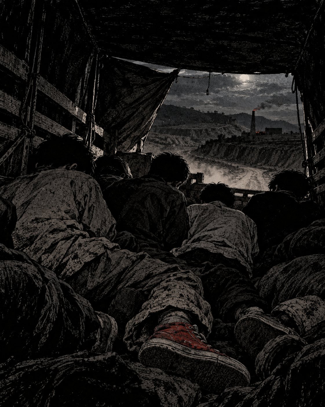 Boys lie slumped in the back of a covered truck at night, a kiln chimney visible through the tarp