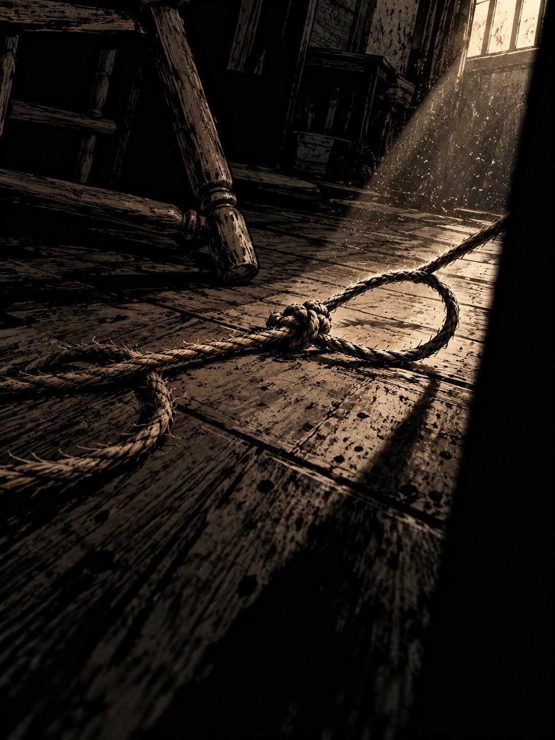Inside the dim farmhouse: on the worn wooden floor, a length of rough brown twine lies cut and coiled, next to an overturned chair leg. Dust in a shaft of window light