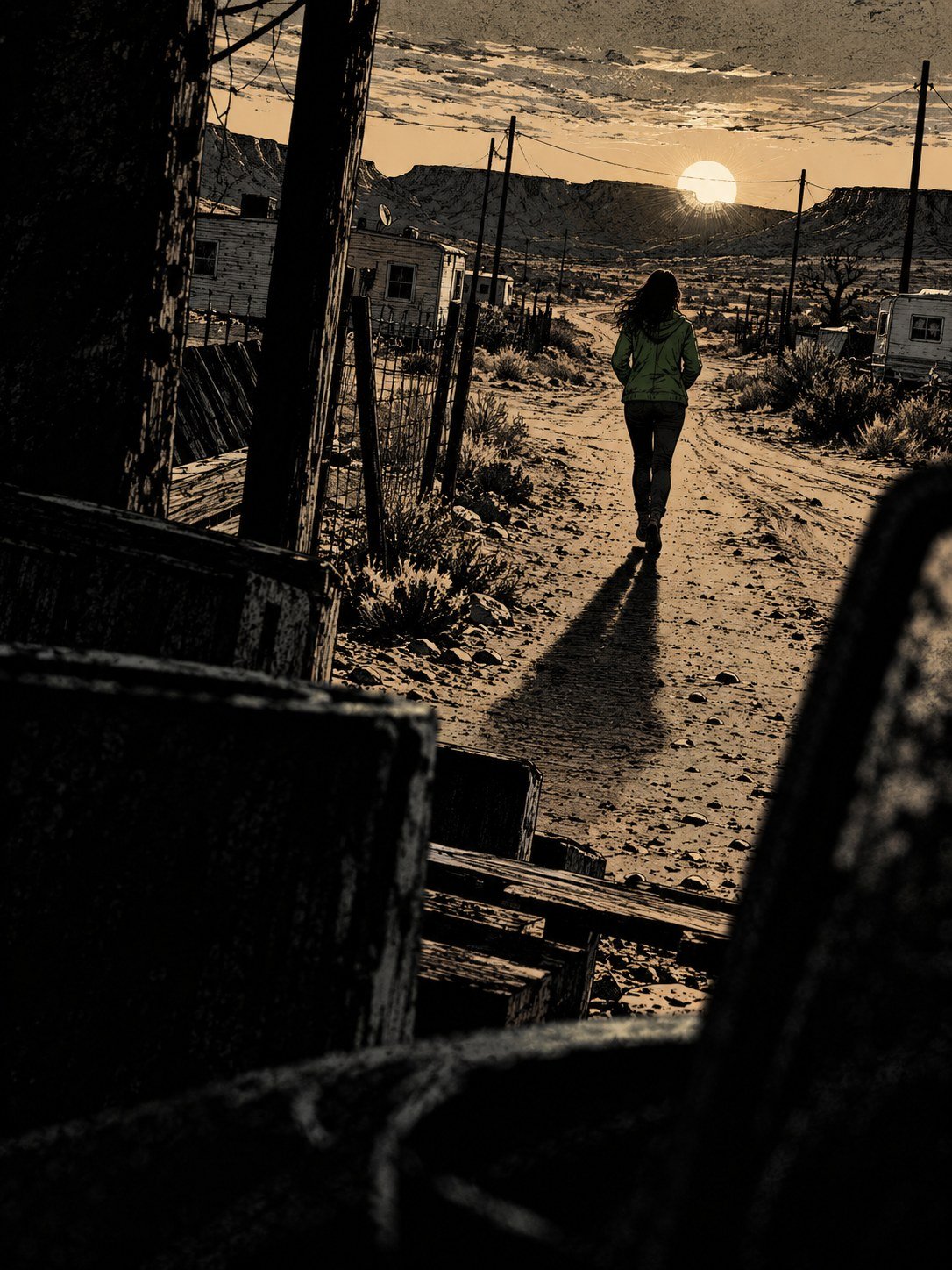 March 2024, the Hyde Park area: a woman in her thirties seen from far behind, walking alone down a dirt track between fenced parcels and scattered trailers, hands in her jacket poc